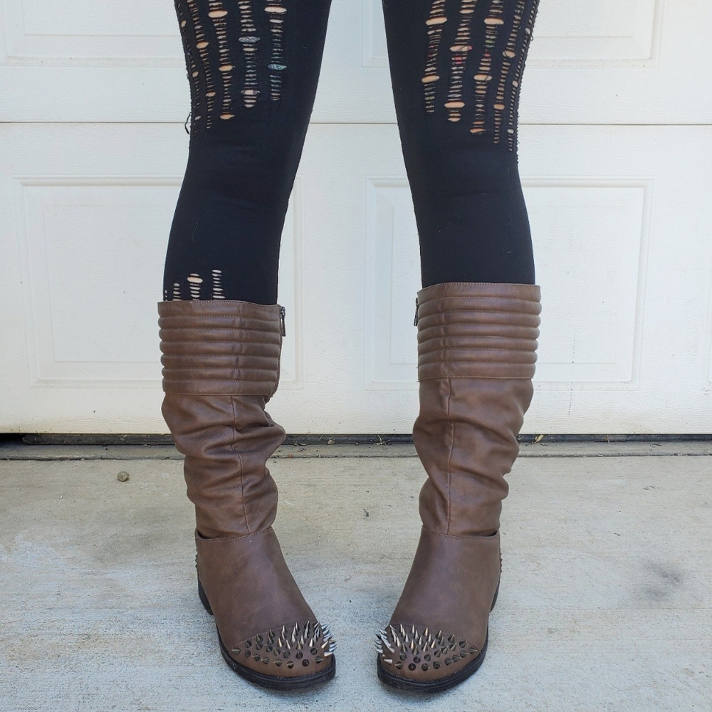 Brown Faux Leather & Silver Spikes Kneehigh Boots - Picture 1 of 4